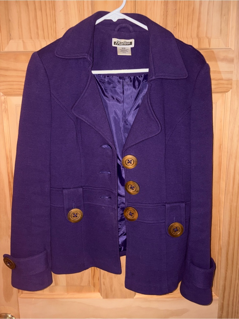 Madison Women's Purple Wool Blend Peacoat with Contrast Buttons